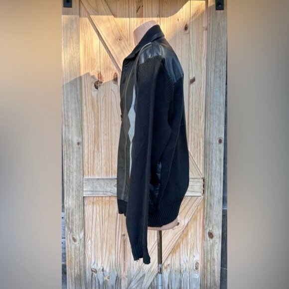 Vintage Mario Bellucci Black Genuine Leather Knit Sweater Bomber Jacket~XLT~ - Picture 4 of 7